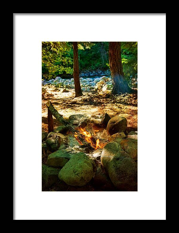 Camp Fire Framed Print featuring the photograph Forest camp fire, North Cascades National Park by Tatiana Travelways