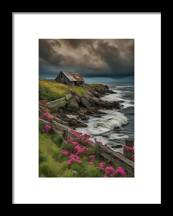 Nature Framed Print featuring the digital art Forgotten Beauty - Coastal Barn Amidst the Wildflowers by Russ Harris