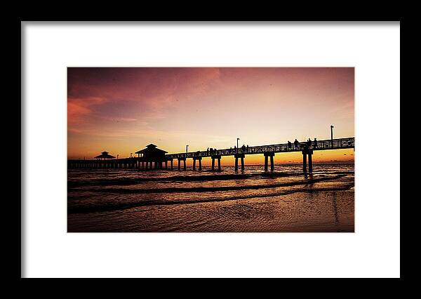 Sunset Framed Print featuring the digital art Fort Myers Beach Pier at sunset by Andrew West