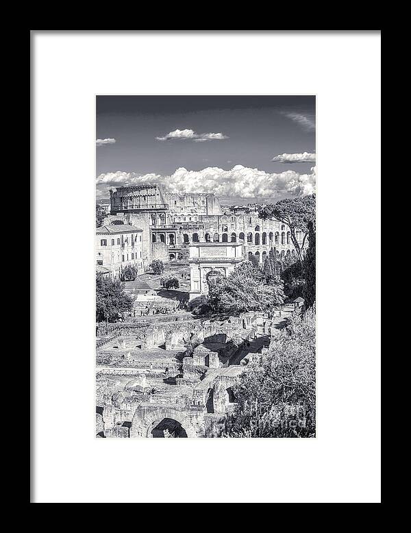 Italian Scene Framed Print featuring the photograph Forum Romanum with The Colosseum in the background BW by Stefano Senise