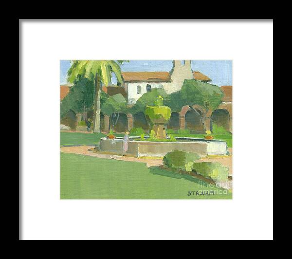 Mission Framed Print featuring the painting Fountain at Mission San Juan Capistrano, California by Paul Strahm