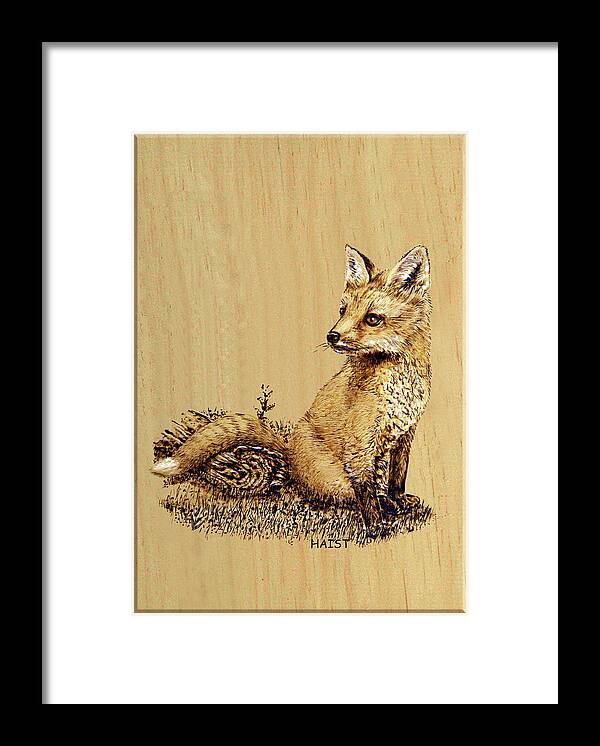 Fox Framed Print featuring the pyrography Fox Pup by R Murrey Haist
