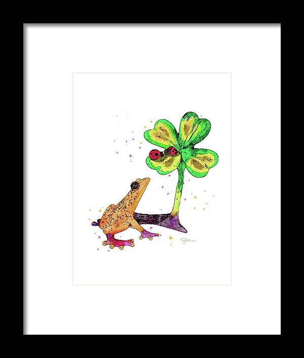 Frog Framed Print featuring the mixed media Frog Smelling the Ladybugs by Pamela Williams
