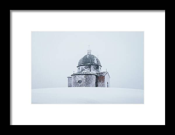 Radhost Framed Print featuring the photograph Frozen historical chapel - White colour by Vaclav Sonnek