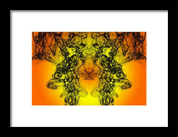 Wind Framed Print featuring the photograph Full frame of forms and figures of smoke of color black and gray in ascending movement on a orange background by Jose A. Bernat Bacete
