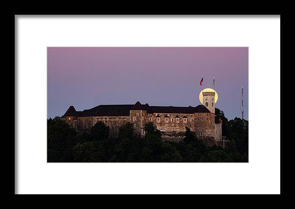 Ljubljana Framed Print featuring the photograph Full moon behind Ljubljana Castle by Ian Middleton