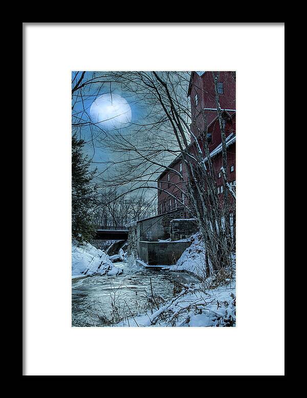Brown River Framed Print featuring the photograph Full Moon over Red Mill in Jericho Vermont by Jeff Folger