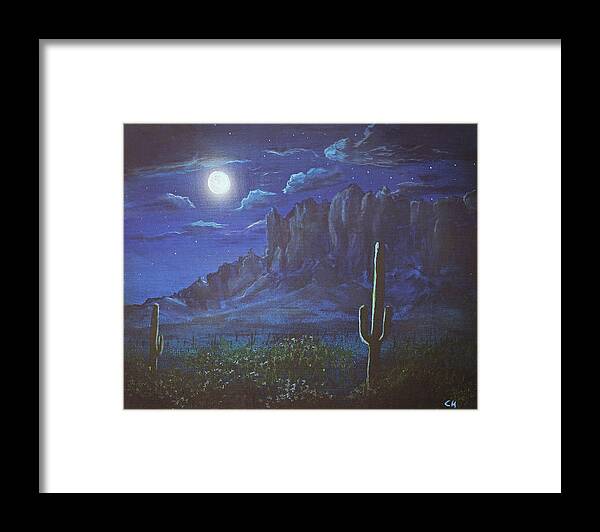 Superstition Mountains Framed Print featuring the painting Full Moon over the Superstition Mountains, Arizona by Chance Kafka