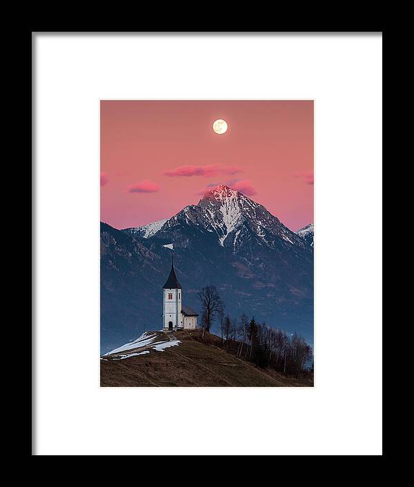 Jamnik Framed Print featuring the photograph Full moon rising over Jamnik church and Storzic at sunset by Ian Middleton
