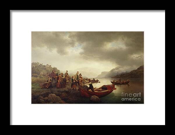 Hans Gude Framed Print featuring the painting Funeral on Sognefjord, 1853 by O Vaering by Hans Gude and Adolph Tidemand