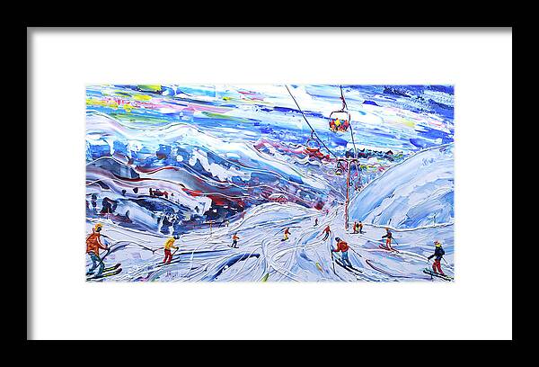 Meribel Framed Print featuring the painting Funitel Peclet and Stades Chair by Pete Caswell