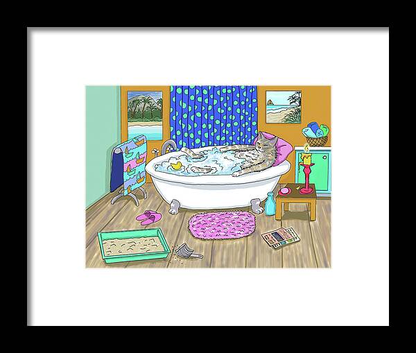 Cat Framed Print featuring the digital art Funny Cat in Bath Cat 665 by Lucie Dumas