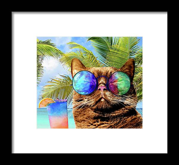 Cat Framed Print featuring the mixed media Funny Cat on Beach 675 by Lucie Dumas