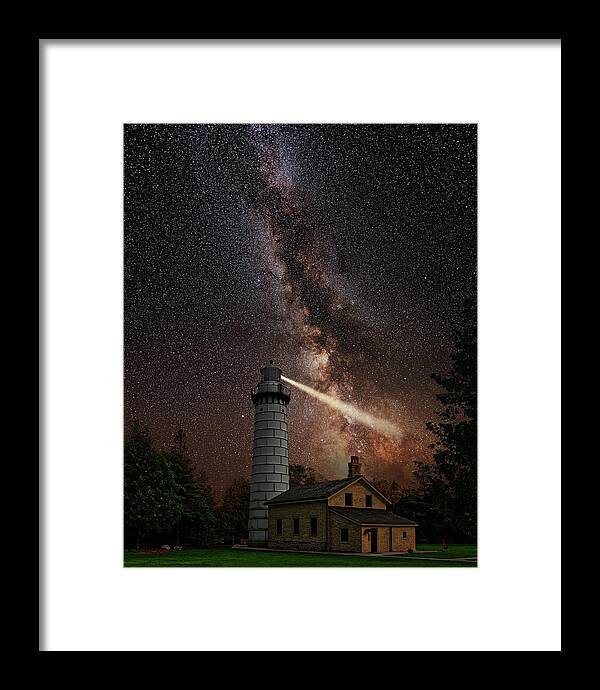 Cana Island Framed Print featuring the photograph Galactic Beacon - Cana Island lighthouse beaming towards core of the Milky Way by Peter Herman