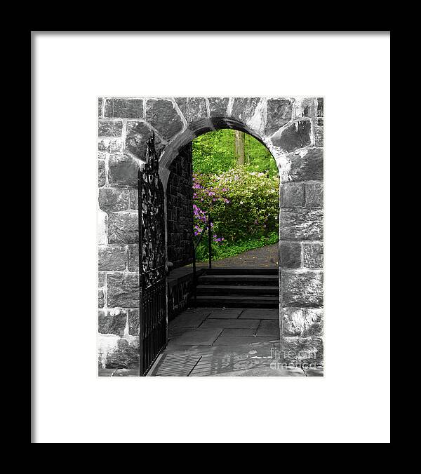 Black And White Framed Print featuring the photograph Garden Entryway Selective Black and White Nature / Floral / Botanical Photograph by PIPA Fine Art - Simply Solid