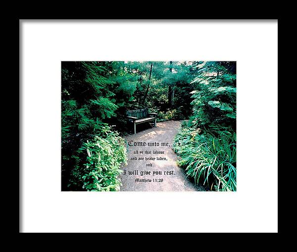 Bench Framed Print featuring the photograph Garden Hideaway Matthew 11vs28 by Mike McBrayer