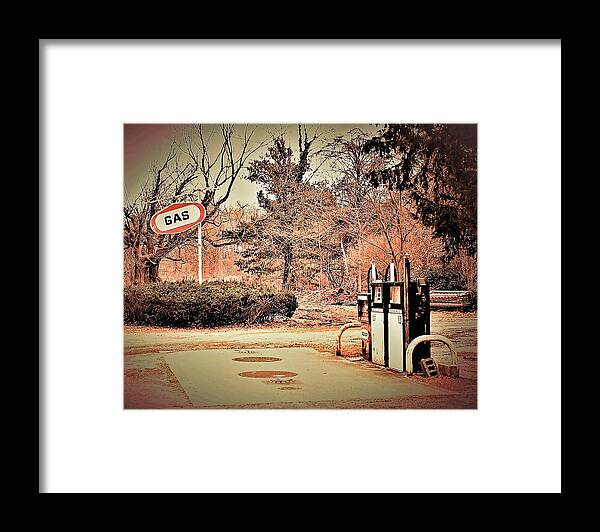 Gas Station Pumps Trees Metal Framed Print featuring the photograph Gas Station by John Linnemeyer