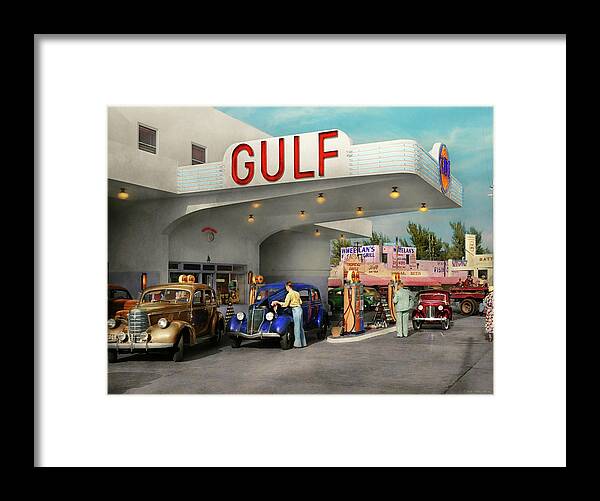 Gas Station Framed Print featuring the photograph Gas Station - The great american road trip 1939 by Mike Savad