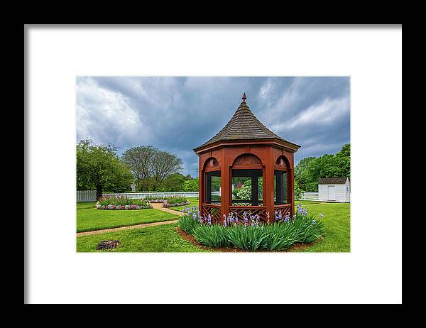 Colonial Williamsburg Framed Print featuring the photograph Gazebo with Irises by Rachel Morrison