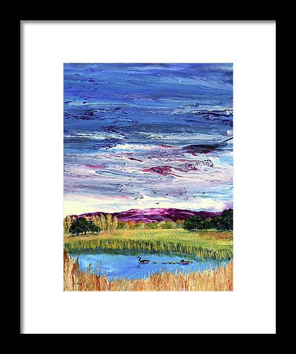 Wetlands Framed Print featuring the painting Geese and Goslings Out for a Swim by Laura Iverson