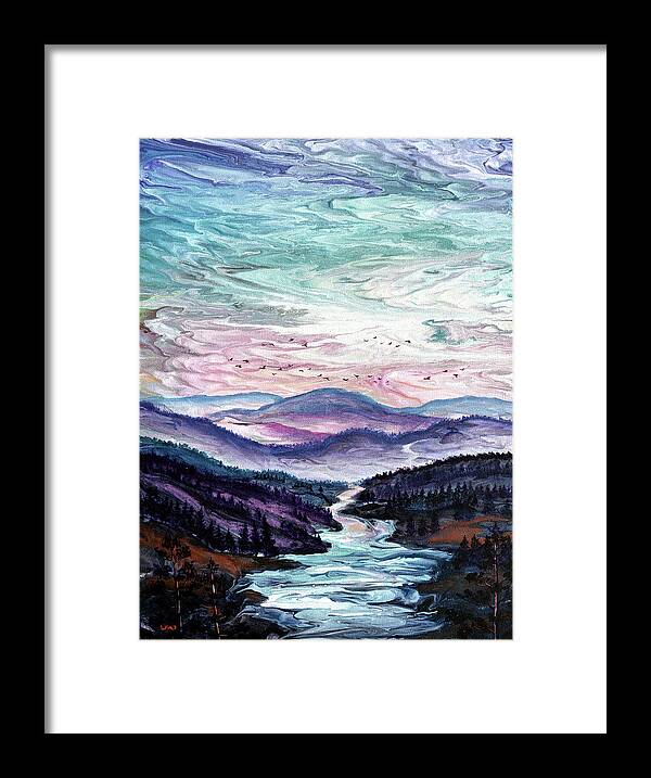 Pour Painting Framed Print featuring the painting Geese Over a River Gorge by Laura Iverson
