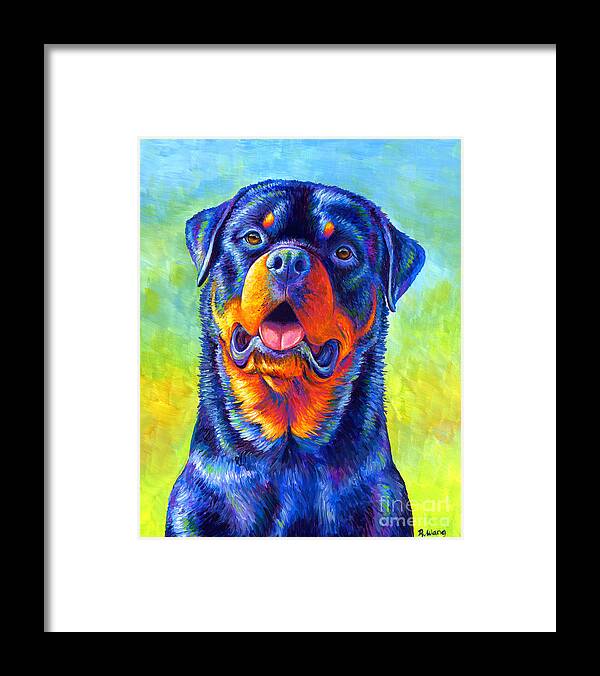 Rottweiler Framed Print featuring the painting Gentle Guardian Colorful Rottweiler Dog by Rebecca Wang