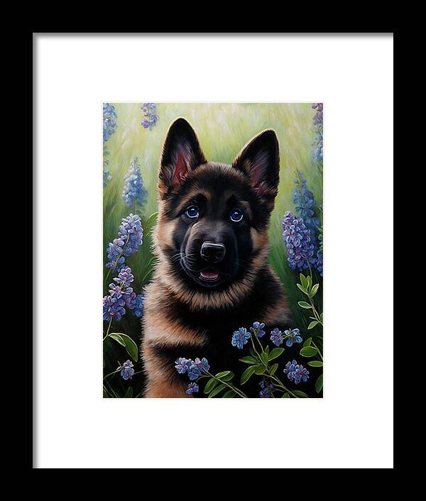 Puppy Framed Print featuring the digital art German Shepherd Puppy in Spring 2 by Angie Tirado