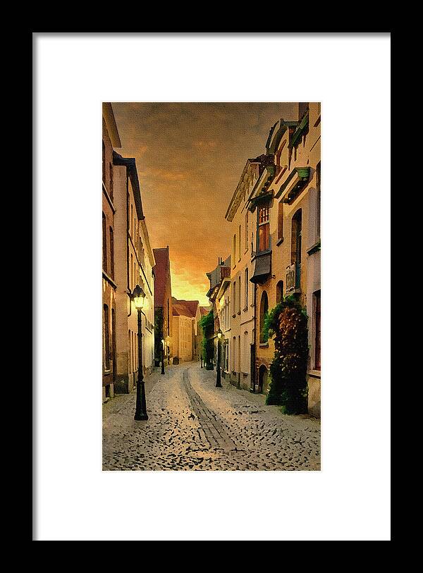 Ghent Framed Print featuring the digital art Ghent, Belgium Sunset Street Scene, Dry Brush on Canvas by Ron Long Ltd Photography