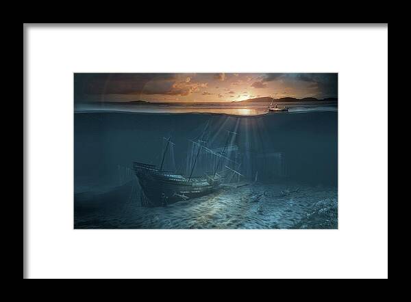 Legend Sunken Boats Wreck Romance Sea Framed Print featuring the digital art Ghost ship series Pirate shipwreck by George Grie