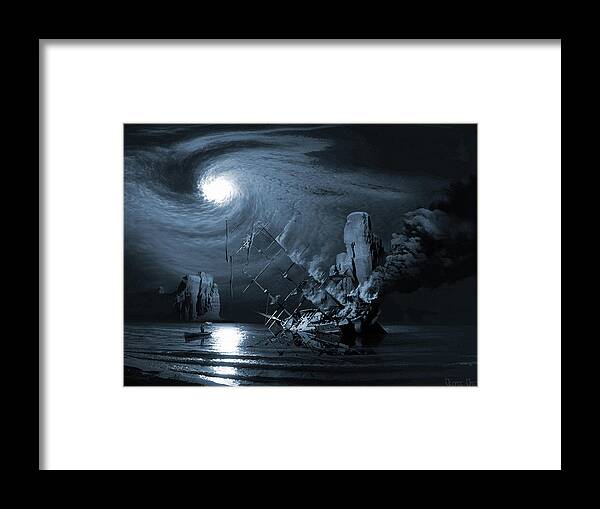 Legend Myth Saga Legend Boats Stories Fact Or Fiction Tall Tale Moonlight Vessel Yacht Phantom Flames Ocean Dark Examples Of Legends Examples Of Myths Framed Print featuring the digital art Ghost ship series The birth of the legend by George Grie