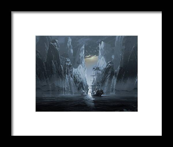 Iceberg Mountain Snow Arctic Ghost Ships Phantom Snowcaps Boat Supernatural Framed Print featuring the digital art Ghost ship series The lost expedition by George Grie