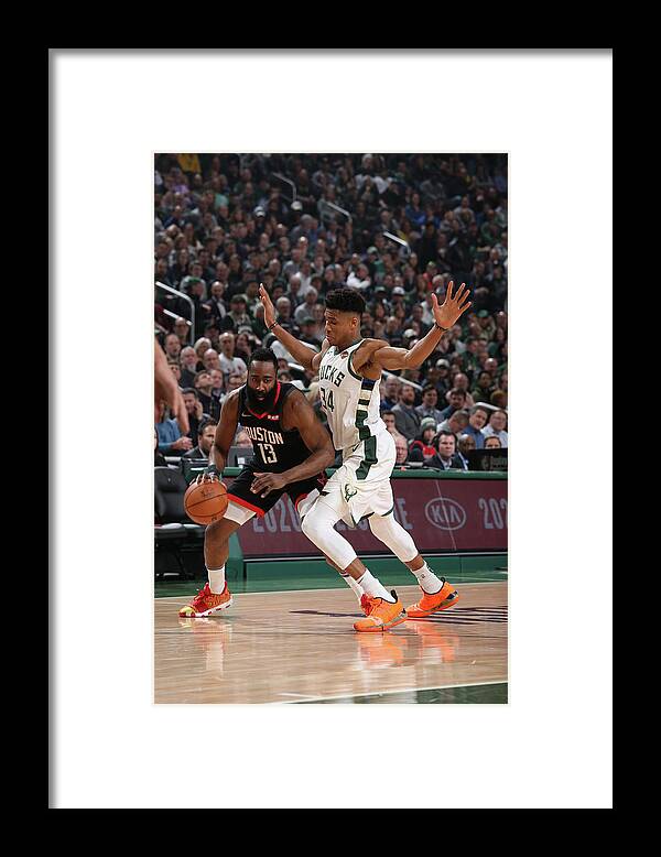 Nba Pro Basketball Framed Print featuring the photograph Giannis Antetokounmpo and James Harden by Gary Dineen