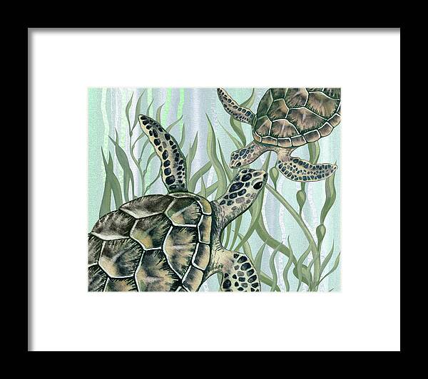 Art For Beach House Decor Ocean Seaweed Giant Turtle Swimming Framed Print featuring the painting Giant Turtles Swimming In The Seaweed Under The Ocean Watercolor Painting IV by Irina Sztukowski