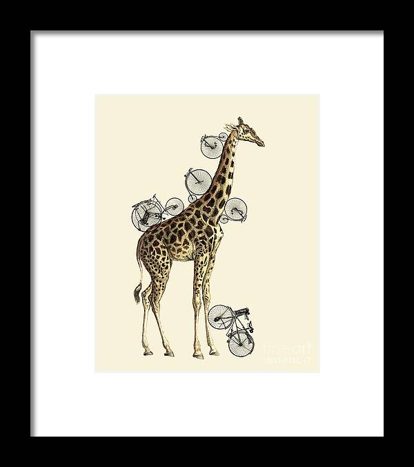 Giraffe Framed Print featuring the digital art Giraffe and bicycles by Madame Memento