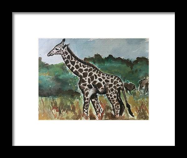 Giraffe Framed Print featuring the painting Giraffe in the Grass by Eileen Backman