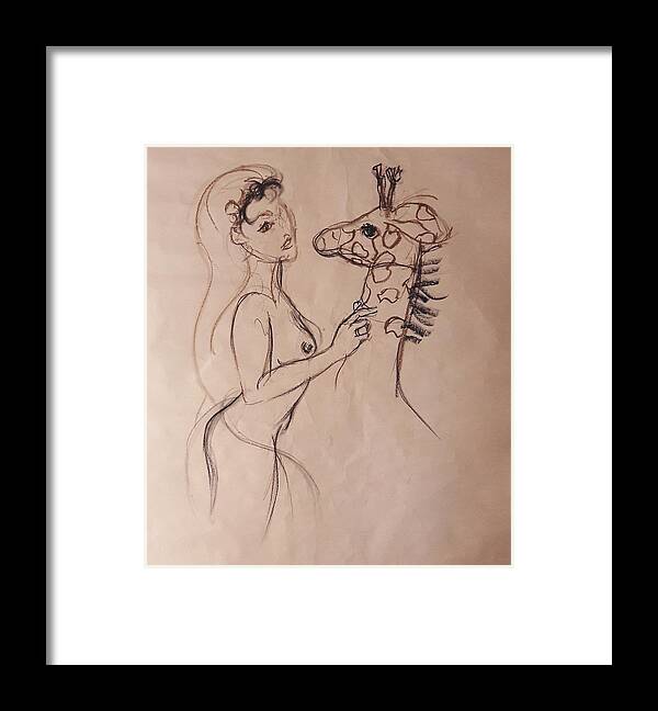 Drawing Framed Print featuring the drawing Giraffe loves 1 by Lala Randela