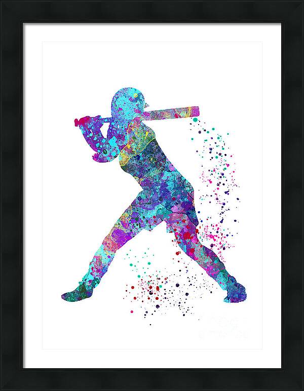 Baseball Girl Batter Art Softball Player Gift Colorful Blue Purple Watercolor Art Baseball Player by White Lotus