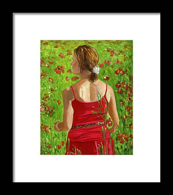 Woman Framed Print featuring the painting Girl in Poppy Field by Juliette Becker