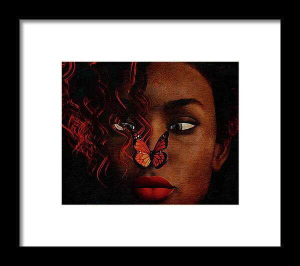 Girl Framed Print featuring the digital art Girl with a butterfly on her nose by Jan Keteleer