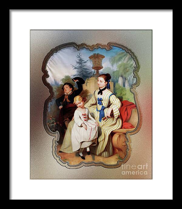 Girl Framed Print featuring the painting Girl With A Fan And Two Children In Elegant Dress Remastered Retro Art Xzendor7 Reproductions by Rolando Burbon