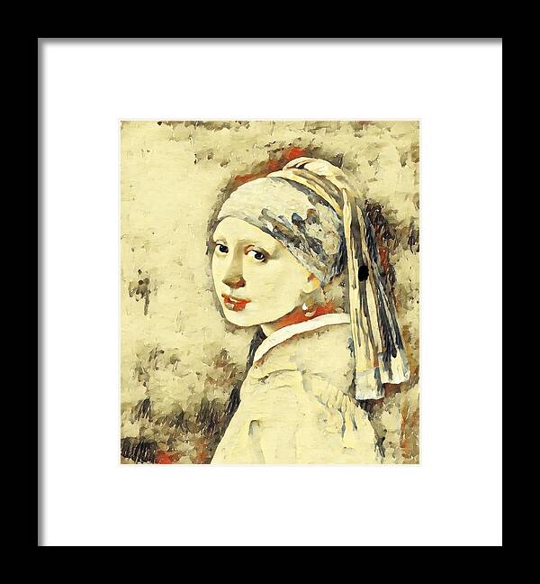 Girl With A Pearl Earring Framed Print featuring the digital art Girl with a Pearl Earring by Johannes Vermeer - vanilla and double colonial white by Nicko Prints