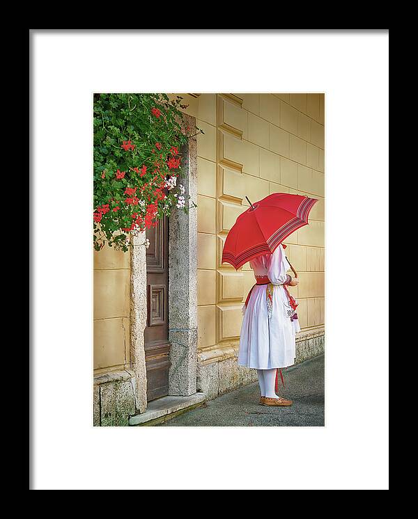 Umbrella Framed Print featuring the photograph Girl with Red Umbrella by Karen Sirnick
