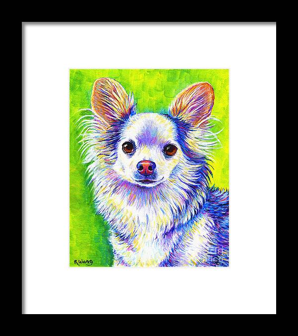Chihuahua Framed Print featuring the painting Colorful Cute Longhaired Chihuahua Dog by Rebecca Wang