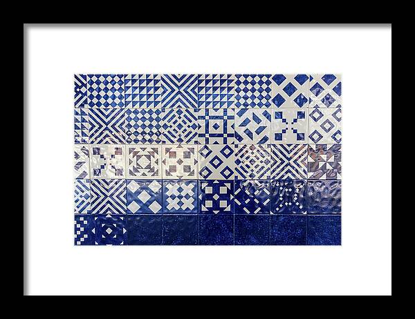 Glossy Azulejo Framed Print featuring the photograph Glossy Modern Azulejos - Gleaming Geometric Patterns in Blue and White by Georgia Mizuleva