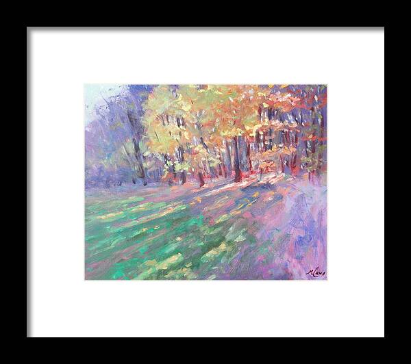 Glow; Autumn; Trees; Sun; Sunshine; Shadows; Fall; Abstract; Leaves; Foliage; Grass; Yellow; Orange; Blue; Green; Purple; Violet; Sky; Forest; Pennsylvania Framed Print featuring the painting Glow of Autumn by Michael Camp