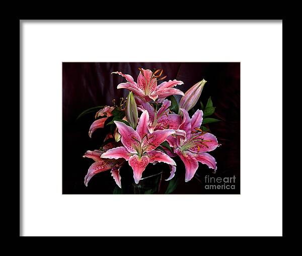 Impressive Glowing Stunning Lilies Bouquet Pink Black Background Flowering Vivid Bright Beautiful Delightful Pleasant Blooming Still-life Cheerful Happiness Joy Enjoyable Inspirational Glory Flowers Elegant Charming Aesthetic Emotional Harmony Sweet Happy Joyful Optimistic Magical Color Colourful Captivating Radiant Art Merry Festive Sunny Vibrant Stimulative Pleasing Irradiating Exciting Gorgeous Fantastic Celebration Special Occasion Present Effective Expressive Spectacular Valentine Bunch Framed Print featuring the photograph Glowing Stunning Beauty, Lilies Bouquet, Black Background by Tatiana Bogracheva