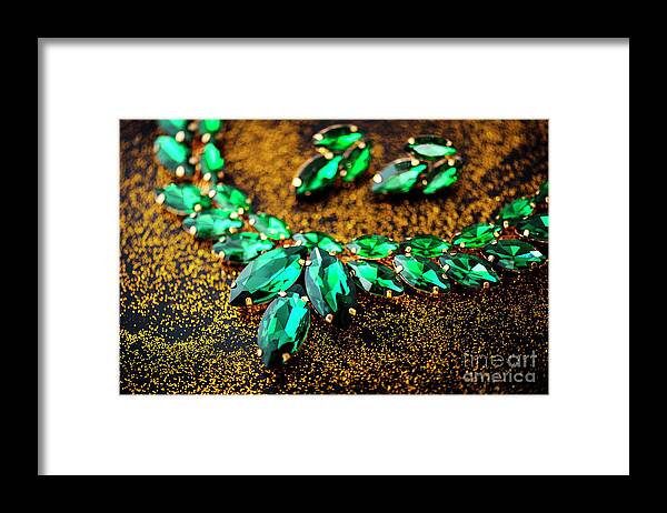 Jewelry Framed Print featuring the photograph Golden classy jewelry with emerald gem. by Jelena Jovanovic