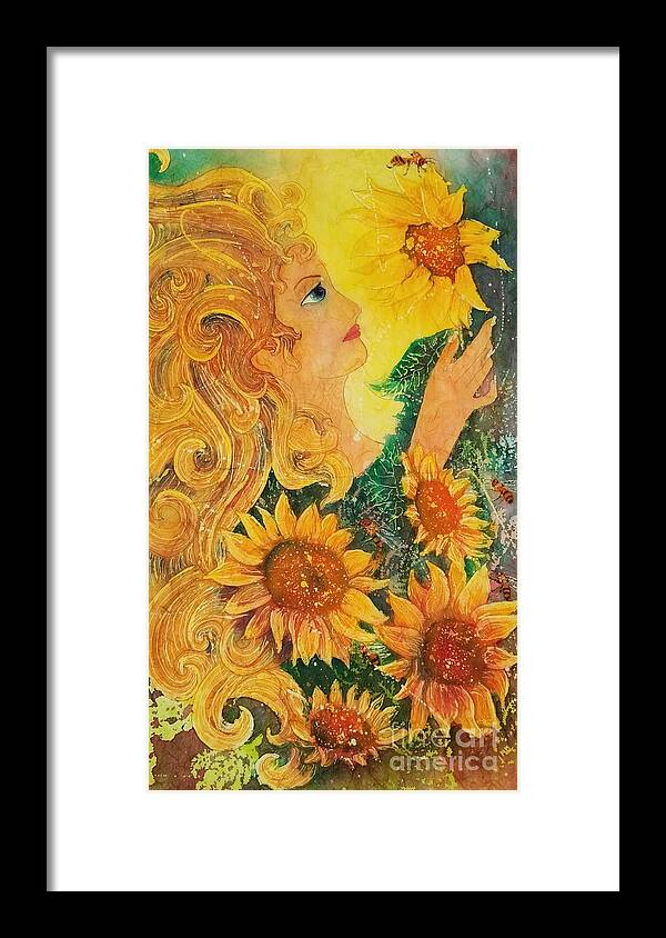 Sunflowers Framed Print featuring the painting Golden Garden Goddess by Carol Losinski Naylor