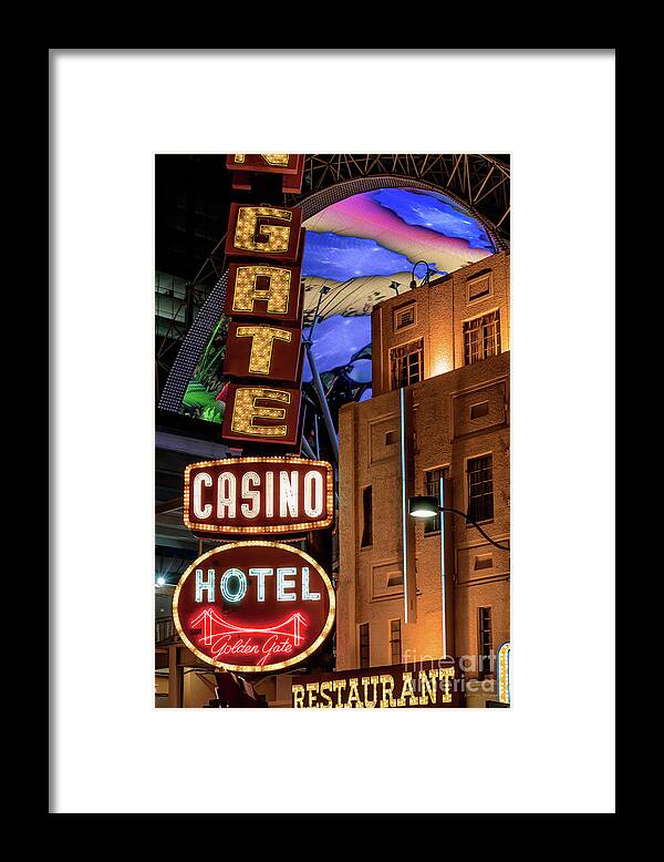 Golden Gate Casino Framed Print featuring the photograph Golden Gate Casino Neon Signs and Fremont Experience at Night by Aloha Art