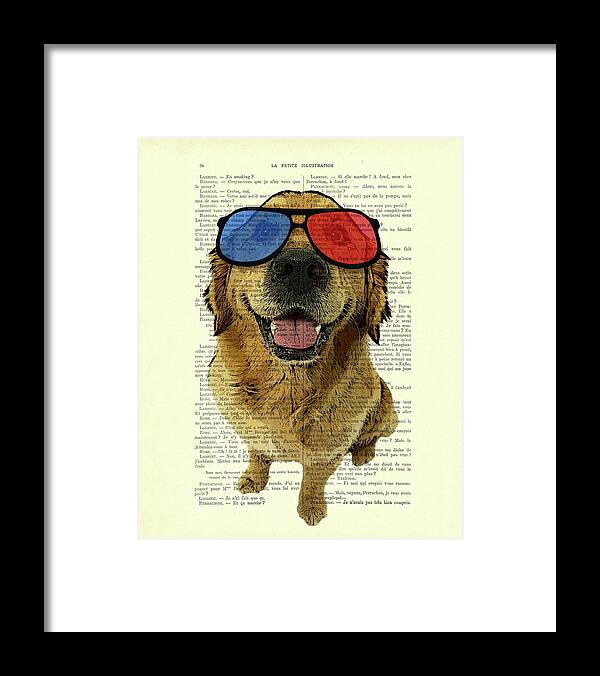 Film Framed Print featuring the mixed media Golden retriever and 3D glasses, funny movie dog by Madame Memento